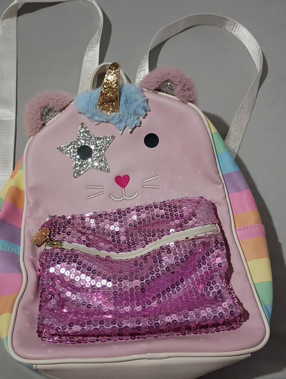 Luv Betsey By Betsey Johnson pink and rainbow Sequin unikitty backpack 13inches